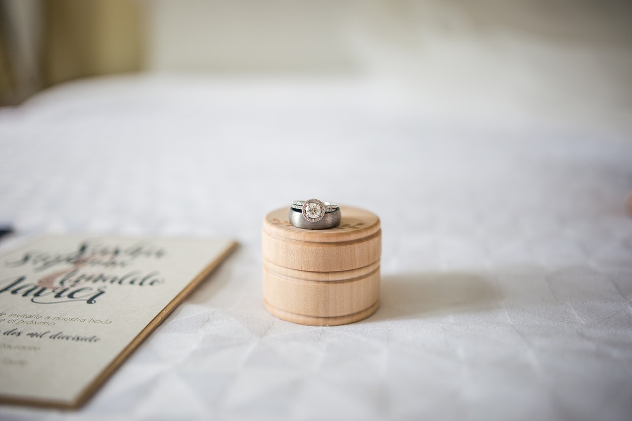 A jewelry ring on a fancy wood box